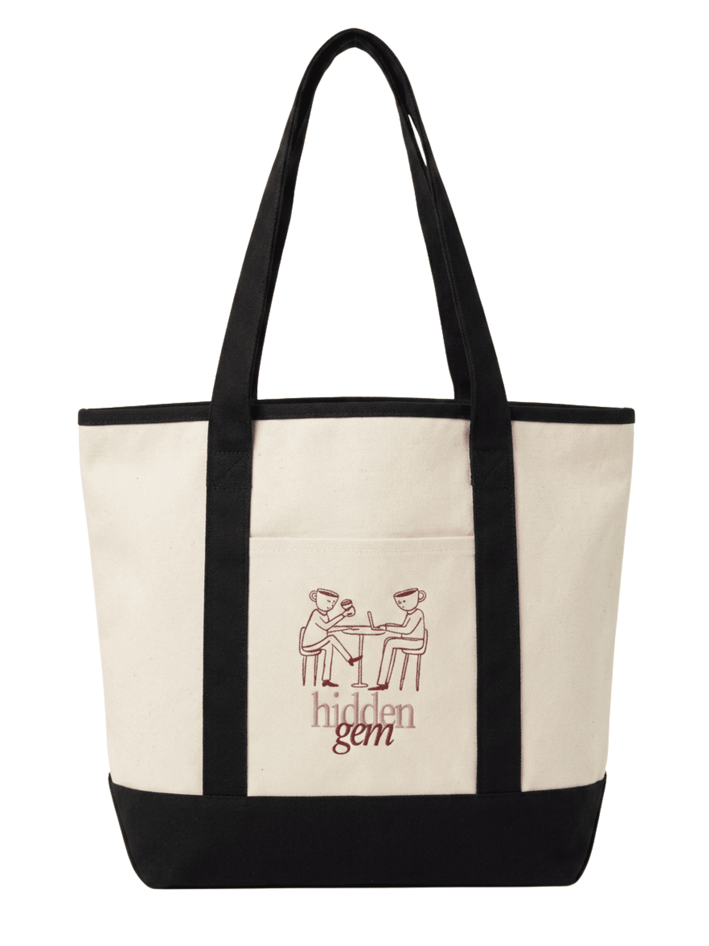 The Hidden Gem tote bag — natural canvas body with a black base and straps, and the two-at-a-table mark printed on the front pocket above the wordmark